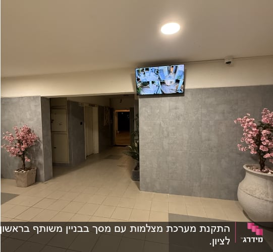 מצלמות אבטחה מוצגות על מסך בלובי בניין